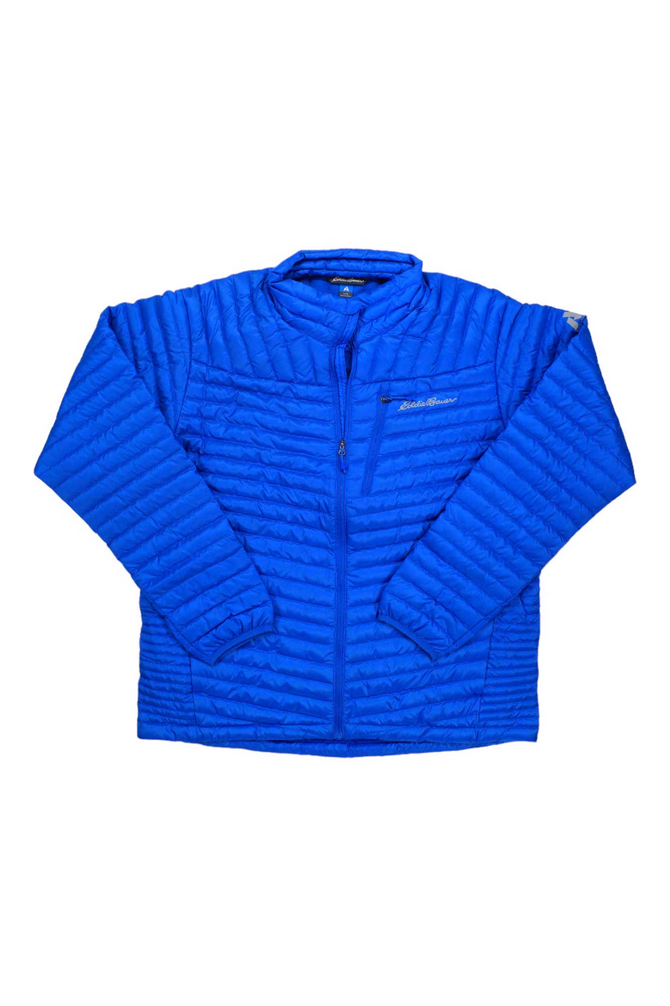 The Eddie Bauer Men's Microtherm 2.0 Down Jacket is a bright blue, quilted winter coat featuring a front zipper, zippered chest pocket, and a subtle left-chest logo, shown against a white background.