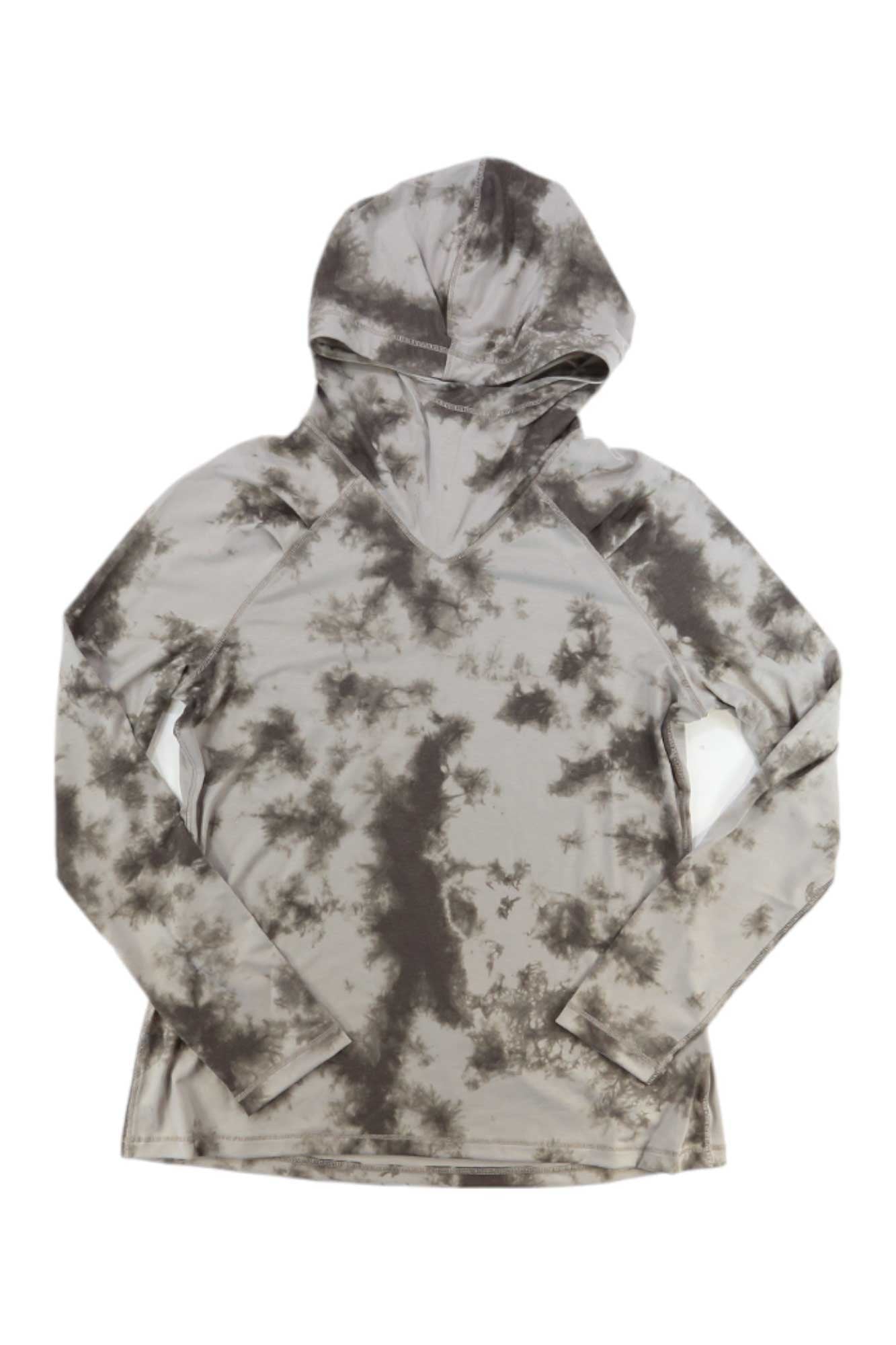 The Indyeva Womens Futa Hoody is a long-sleeve, hooded shirt featuring a gray and black tie-dye design, shown laid flat on a white background.