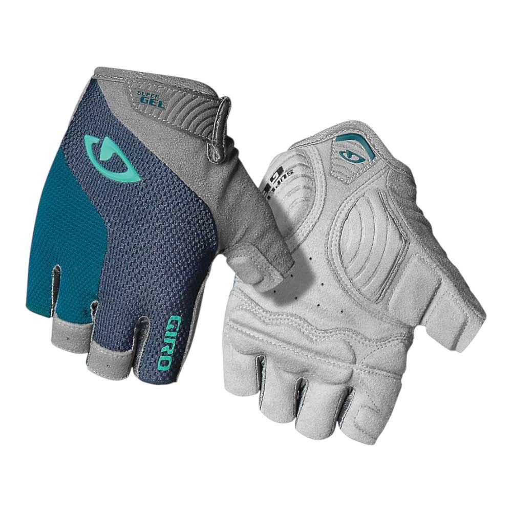 Pair of cycling gloves, gray back with teal side panel and padded knuckles