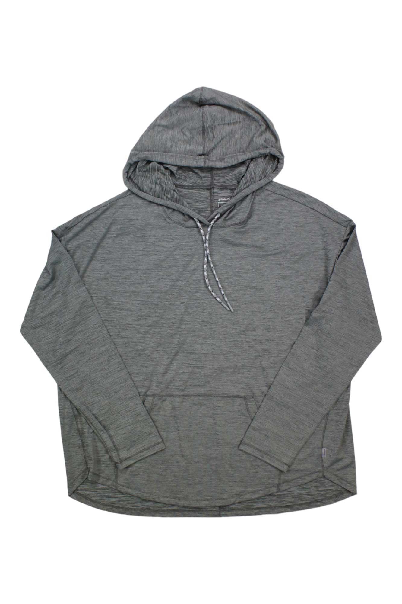 The Eddie Bauer First Ascent Women's Resolution Guide Hoodie is a lightweight, long-sleeved gray performance hoodie with moisture-wicking, a drawstring hood, and front kangaroo pocket, shown laid flat on a white background.