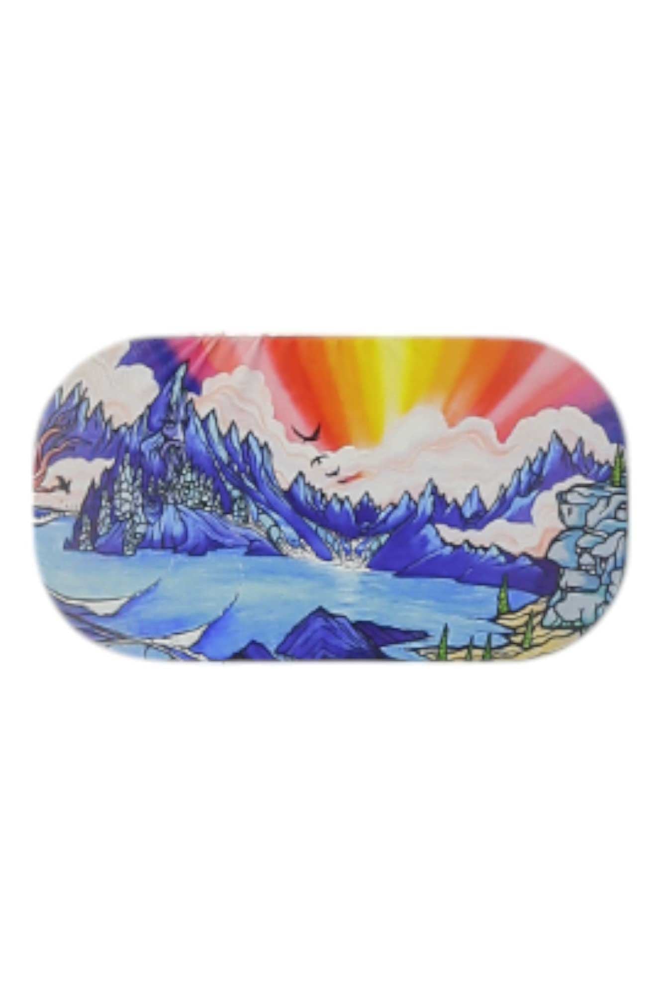 This vibrant GoggleSoc Protective Goggle Cover features a colorful mountain landscape with a blue lake, snowy peaks, trees, and birds—perfect for adding style and eco-friendly protection to your goggles.