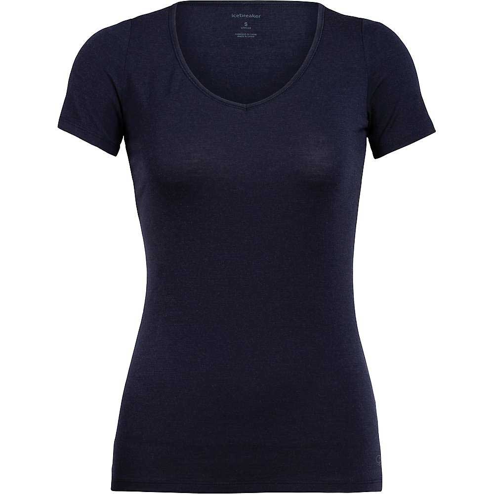 The Icebreaker Womens Siren SS Sweetheart Top is a fitted, stretchy, short-sleeve V-neck T-shirt for women in dark navy blue, shown on a white background.