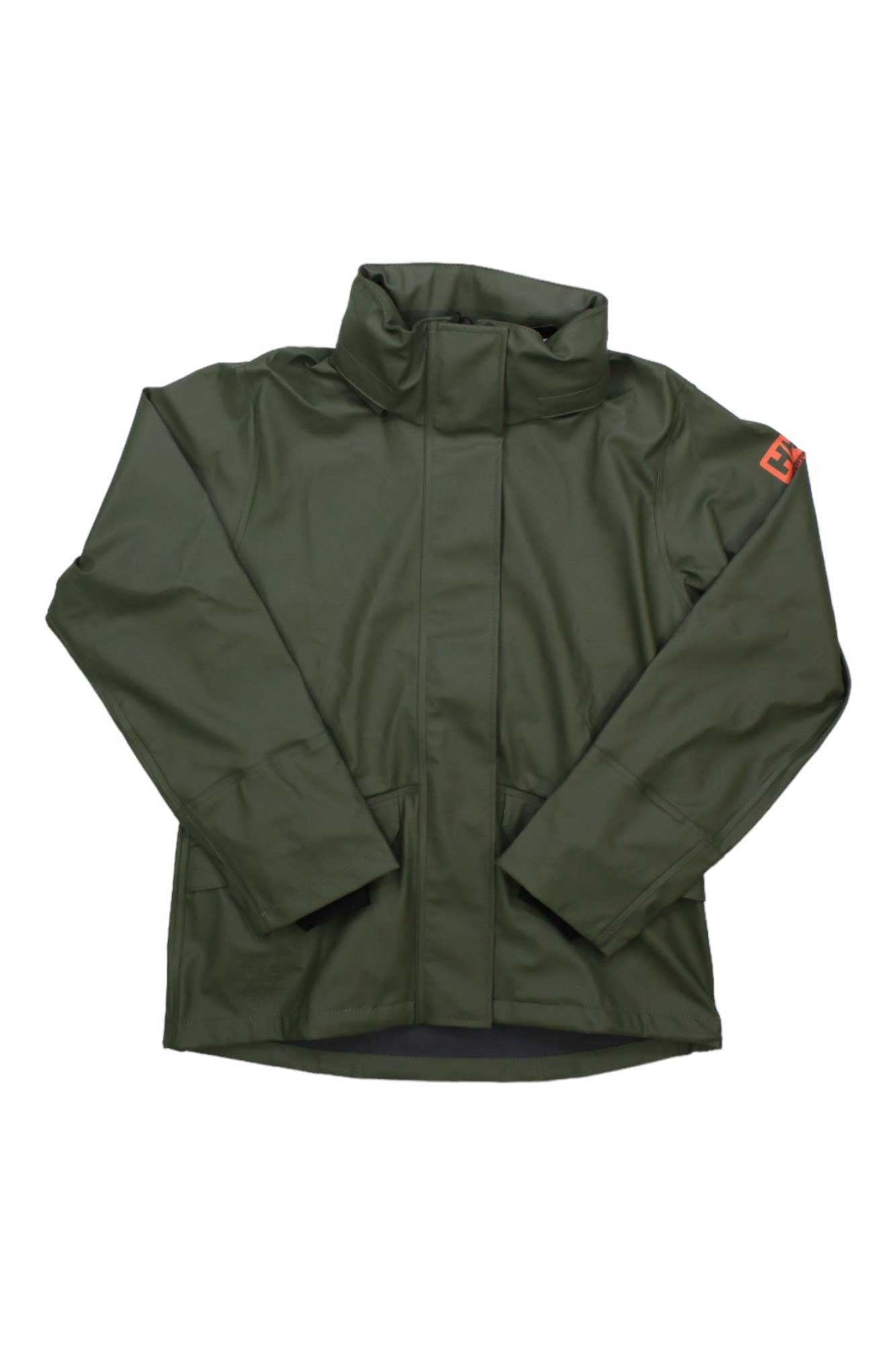 Women’s army green rain jacket with full-length zipper and stand collar