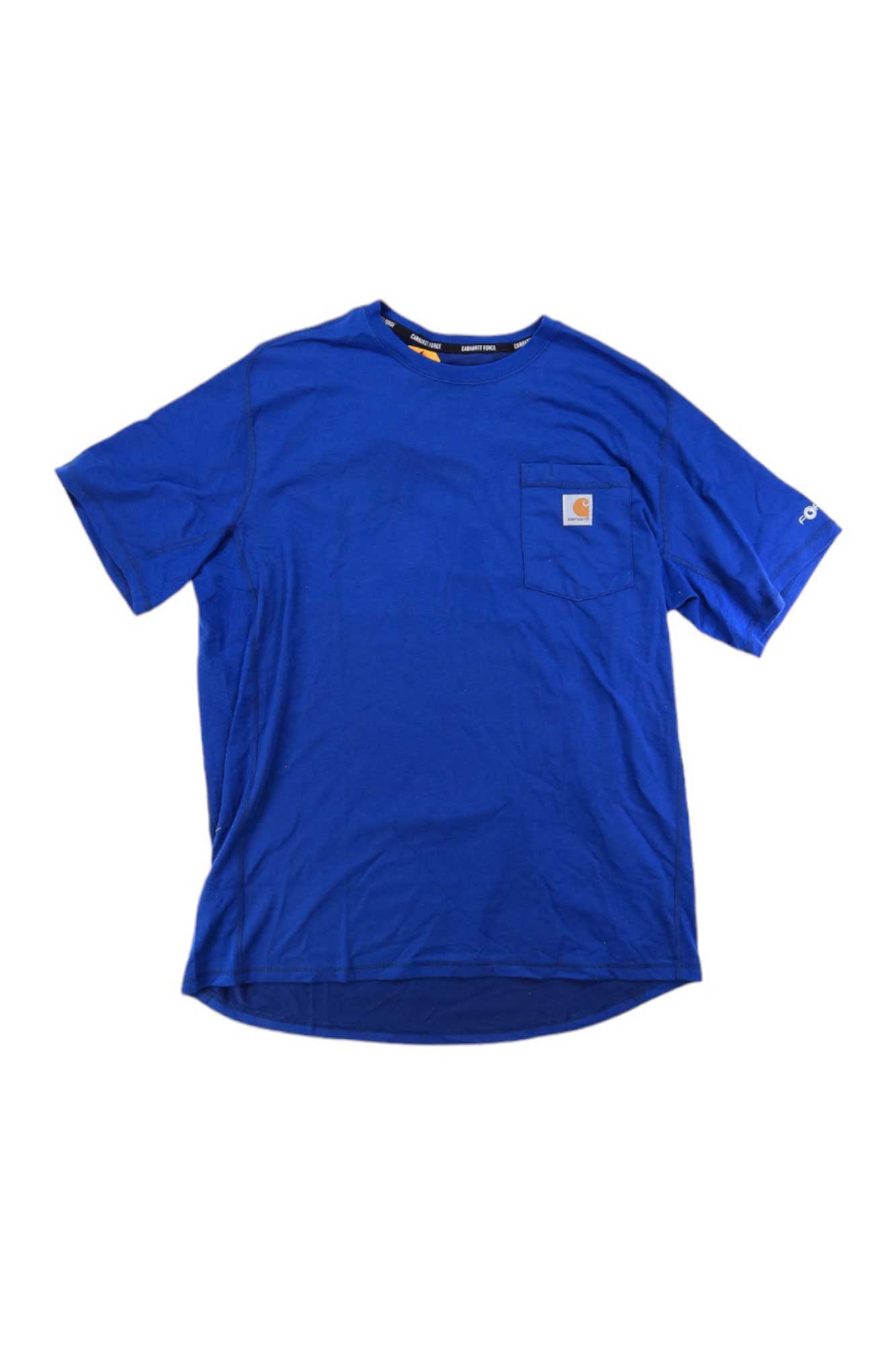 Carhartt men's blue pocket T-shirt with chest logo patch and curved hem