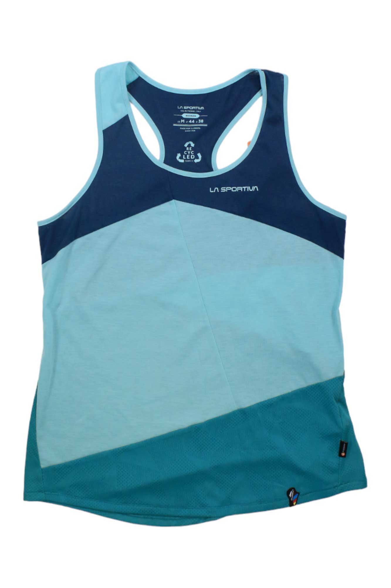 The La Sportiva Womens Charm Tank is a racerback tank top with three blue hues in diagonal color blocks, quick-dry and moisture-wicking fabric, the La Sportiva chest logo, and a small red logo by the hem.