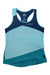 The La Sportiva Womens Charm Tank is a racerback tank top with three blue hues in diagonal color blocks, quick-dry and moisture-wicking fabric, the La Sportiva chest logo, and a small red logo by the hem.