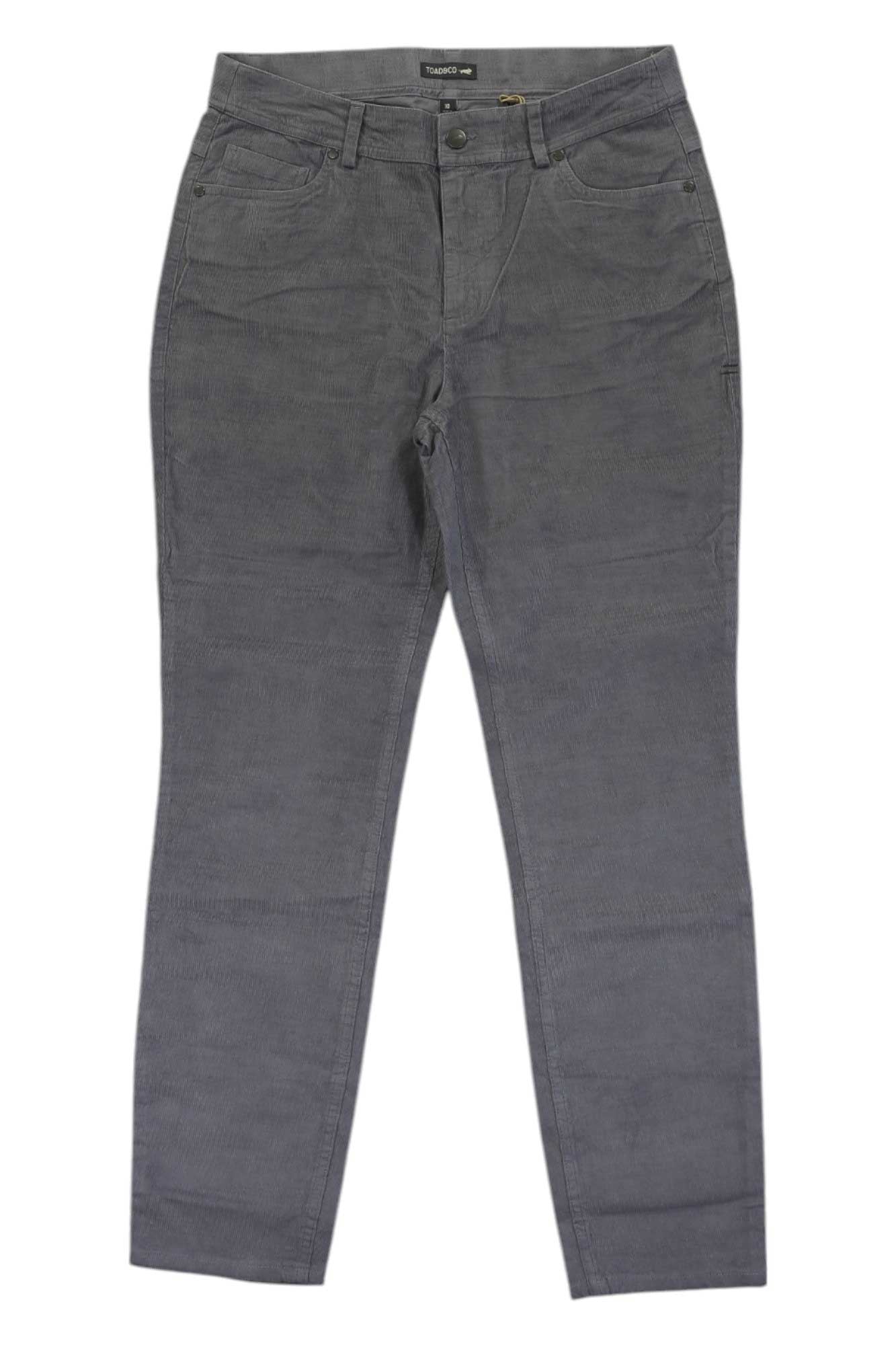 Women's gray corduroy five-pocket skinny pants, zip fly, belt loops, straight leg