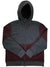 The Men's Blocked Thermal 3D Jacket features maroon and dark gray color blocks, a hood with drawstrings, front zipper closure, and a small red logo on the left chest.