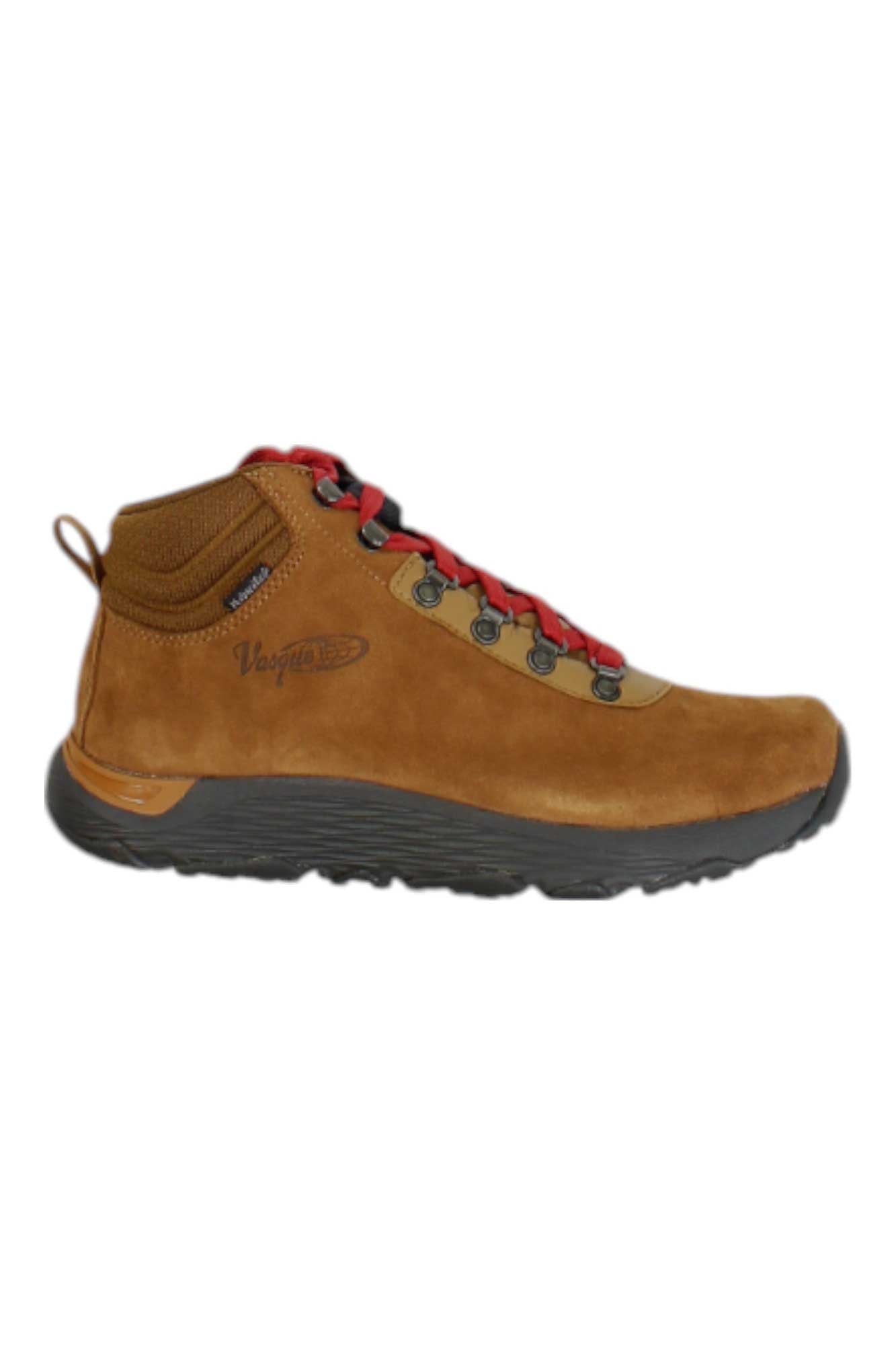 The Vasque Mens Sunsetter Boot is a brown suede hiking boot featuring red and black laces, metal eyelets, a black sole, waterproof design, and Vogue branding on the side for rugged style and durability.