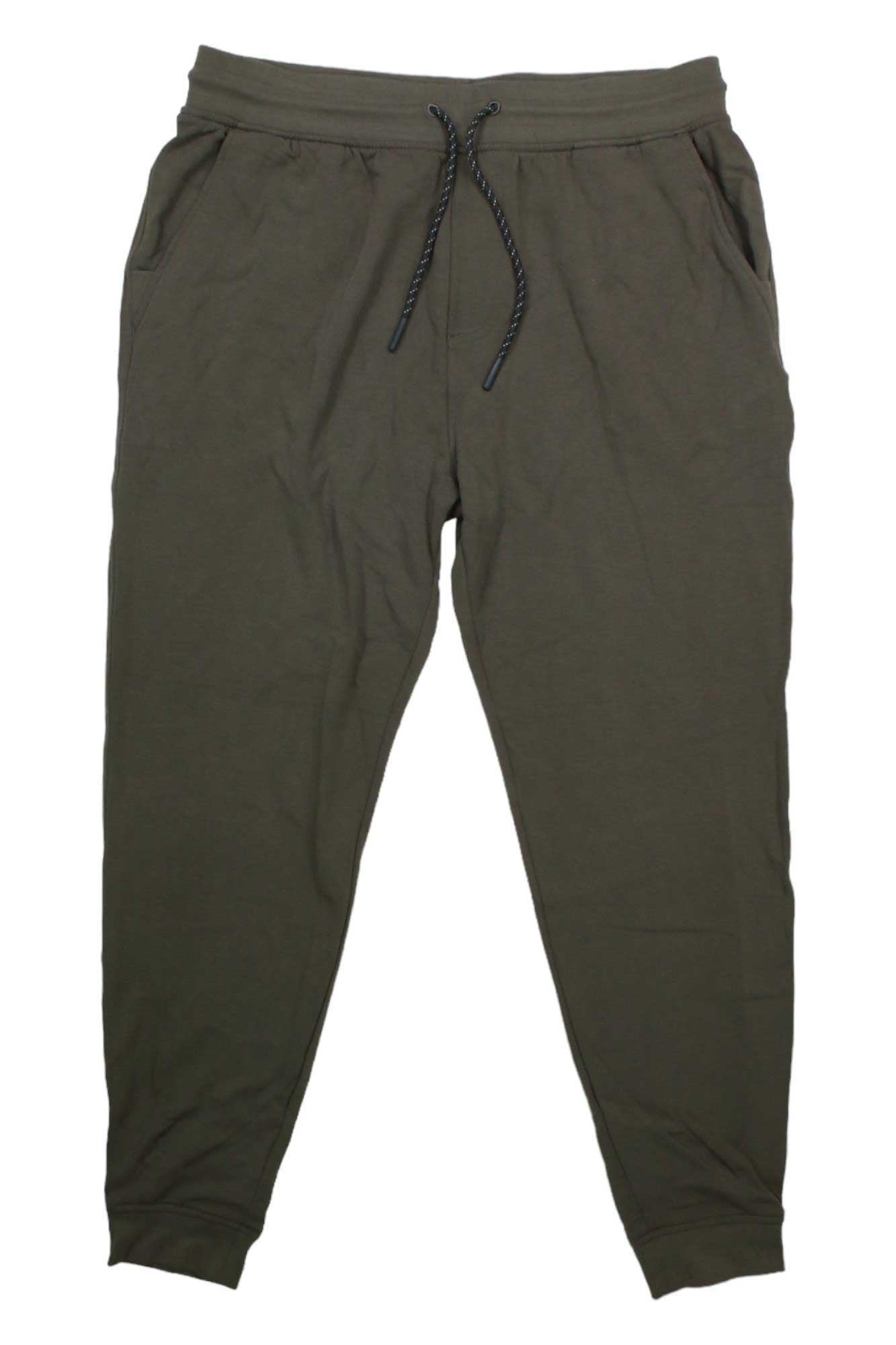The Free Fly Men's Bamboo Lightweight Fleece Jogger in olive green features an elastic waistband, black drawstring, and side pockets. Shown laid flat on a white background.