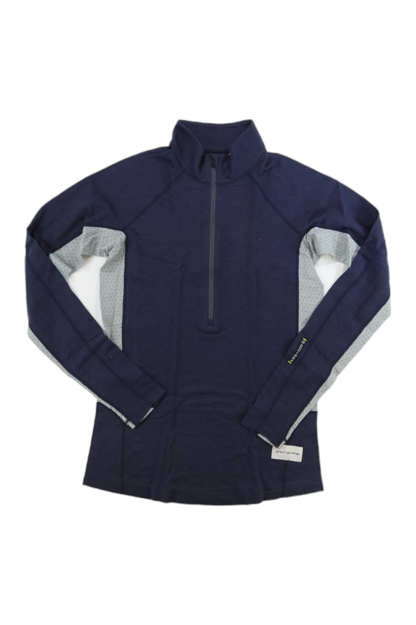 The Artilect Women's Flatiron 185 1/4 Zip Top is a navy quarter zip pullover with light gray patterned inner sleeves, shown laid flat on a white background. Its moisture-wicking fabric keeps you comfortable during any activity.