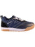 Men's trail shoe, navy upper with tan midsole, lace-up with white laces