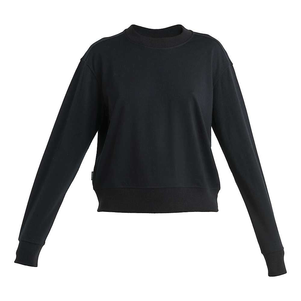 The Icebreaker Women's Merino Crush II LS Sweatshirt in plain black features ribbed cuffs, collar, and hem, and is shown on a white background.