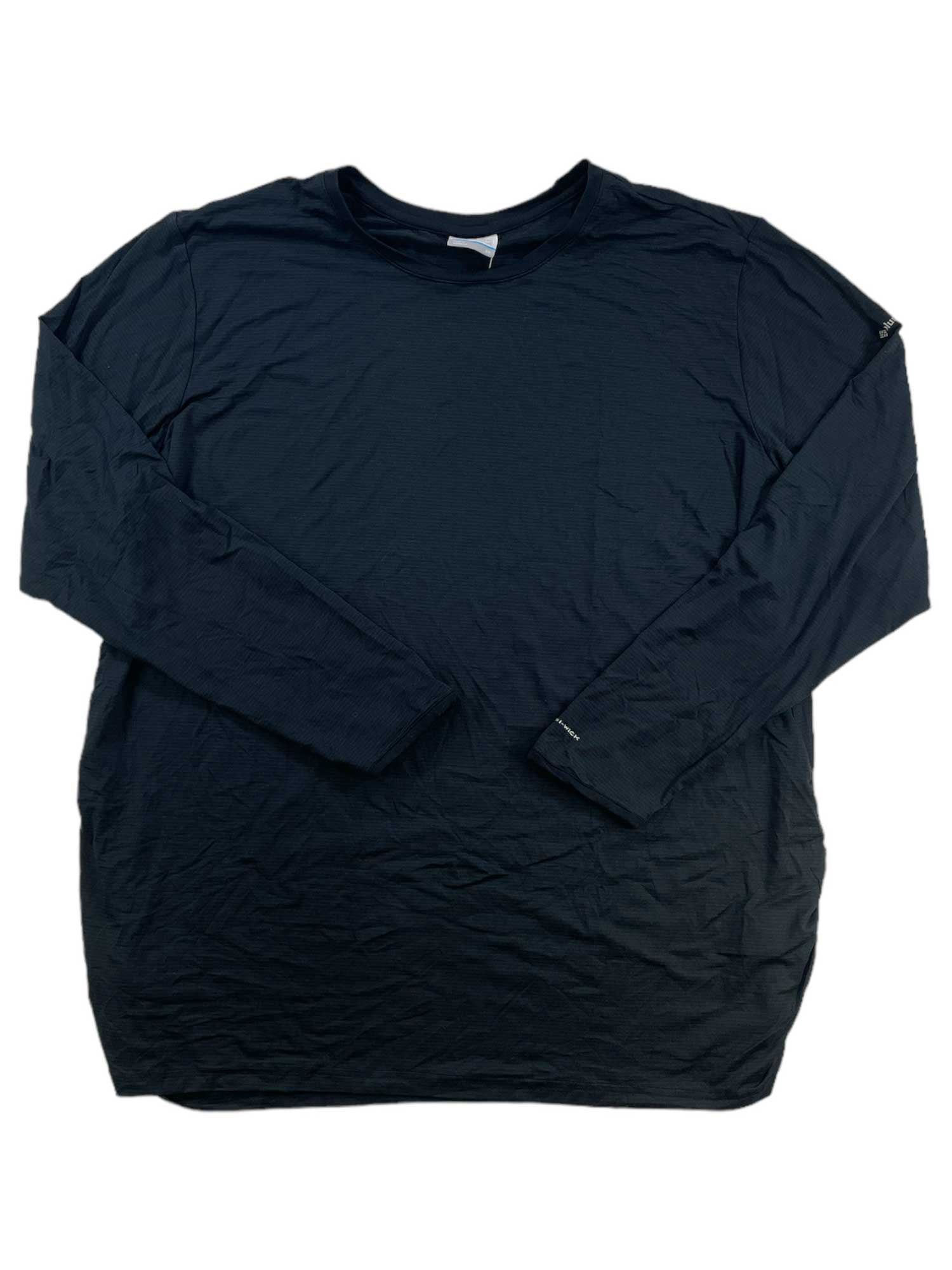 The Womens Leslie Falls Long Sleeve Shirt - Plus Size is shown in plain black, laid flat on a white background. It has a simple round neckline, no visible designs or logos, and is ideal for layering as a women's outdoor shirt.