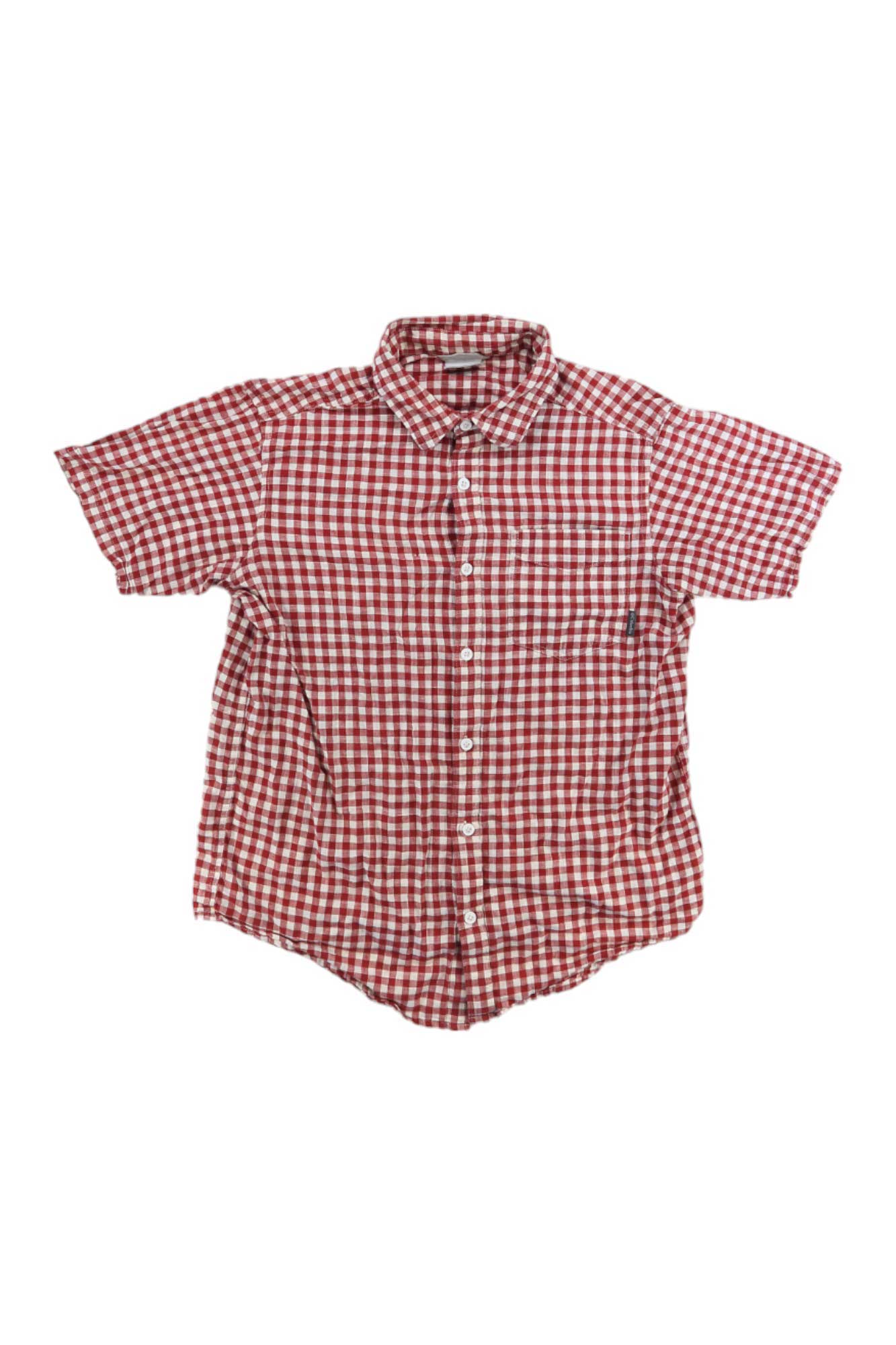 The Columbia Men's Short Sleeve Button Up Shirt in a red and white checkered pattern is displayed on a white background.