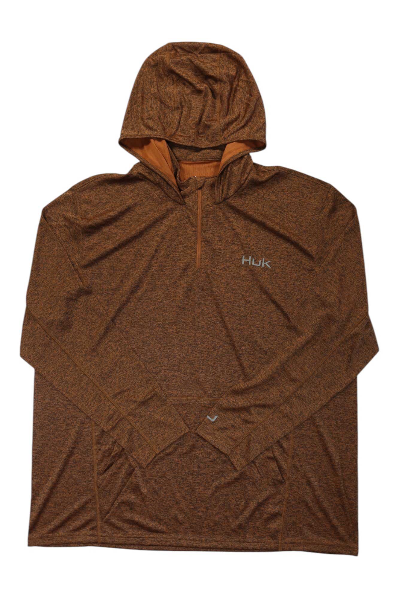 The Huk Mens Coldfront Hoodie is a brown outdoor hoodie for men featuring long sleeves, a quarter-zip front, and the Huk logo on the left chest, displayed flat on a white background.