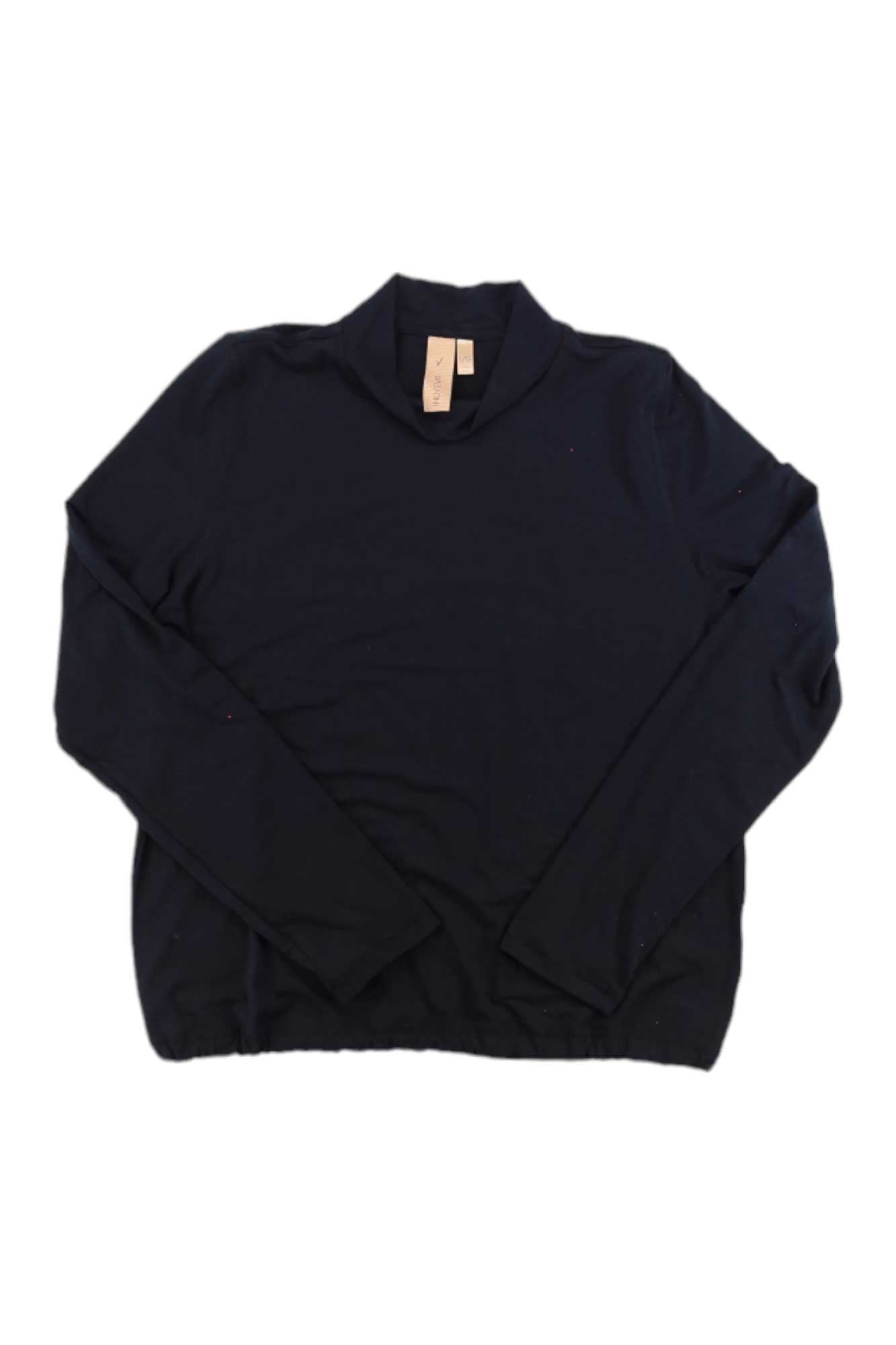 The Indyeva Womens Baris Top, a plain black long sleeve shirt with a mock neck and beige tag on the collar, is laid flat on a white background.