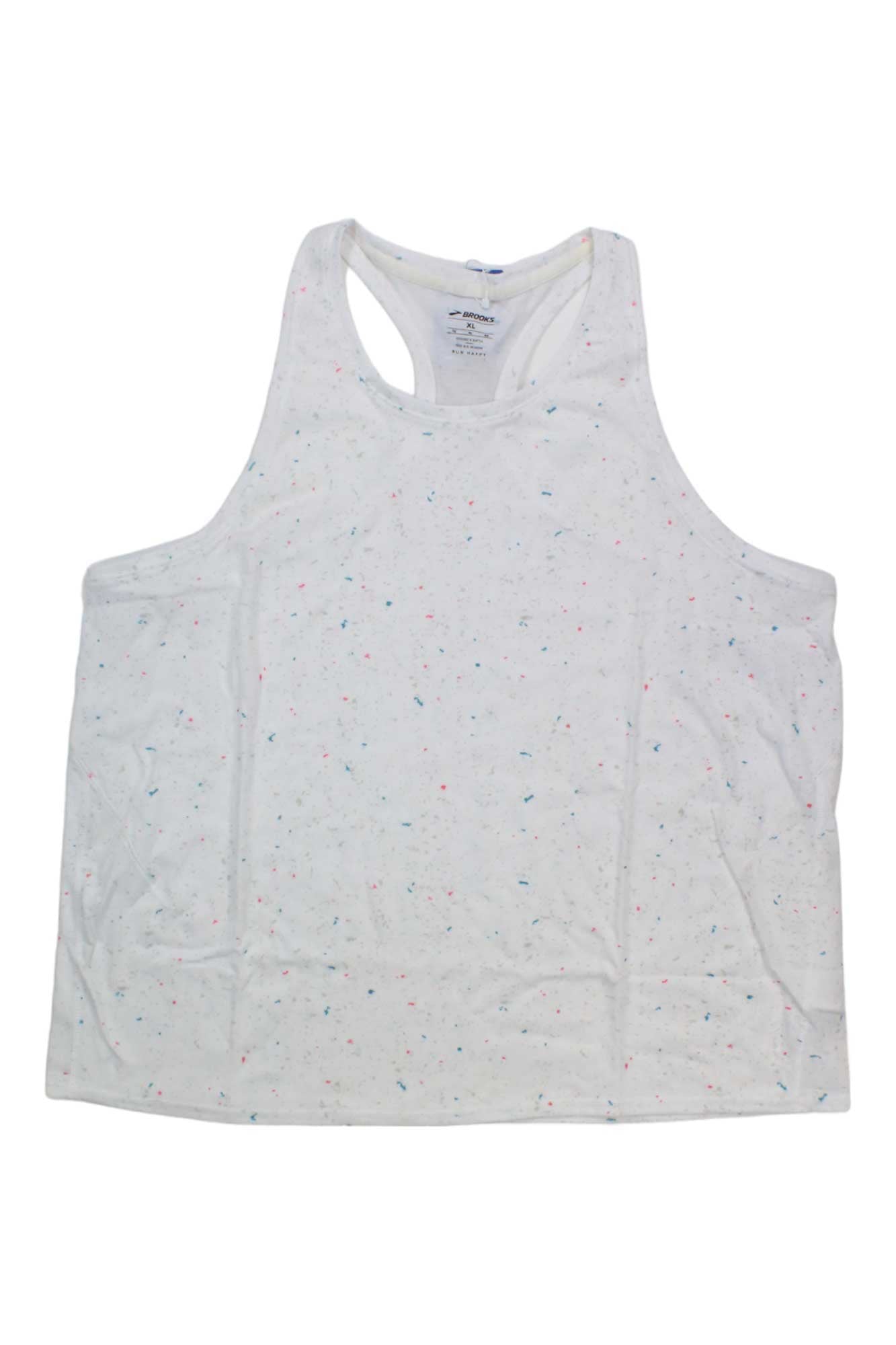 The Brooks Women's Distance 2.0 Tank is a white recycled-fabric racerback running top with small multicolored speckles, shown sleeveless and laid flat on a plain background.