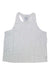 The Brooks Women's Distance 2.0 Tank is a white recycled-fabric racerback running top with small multicolored speckles, shown sleeveless and laid flat on a plain background.