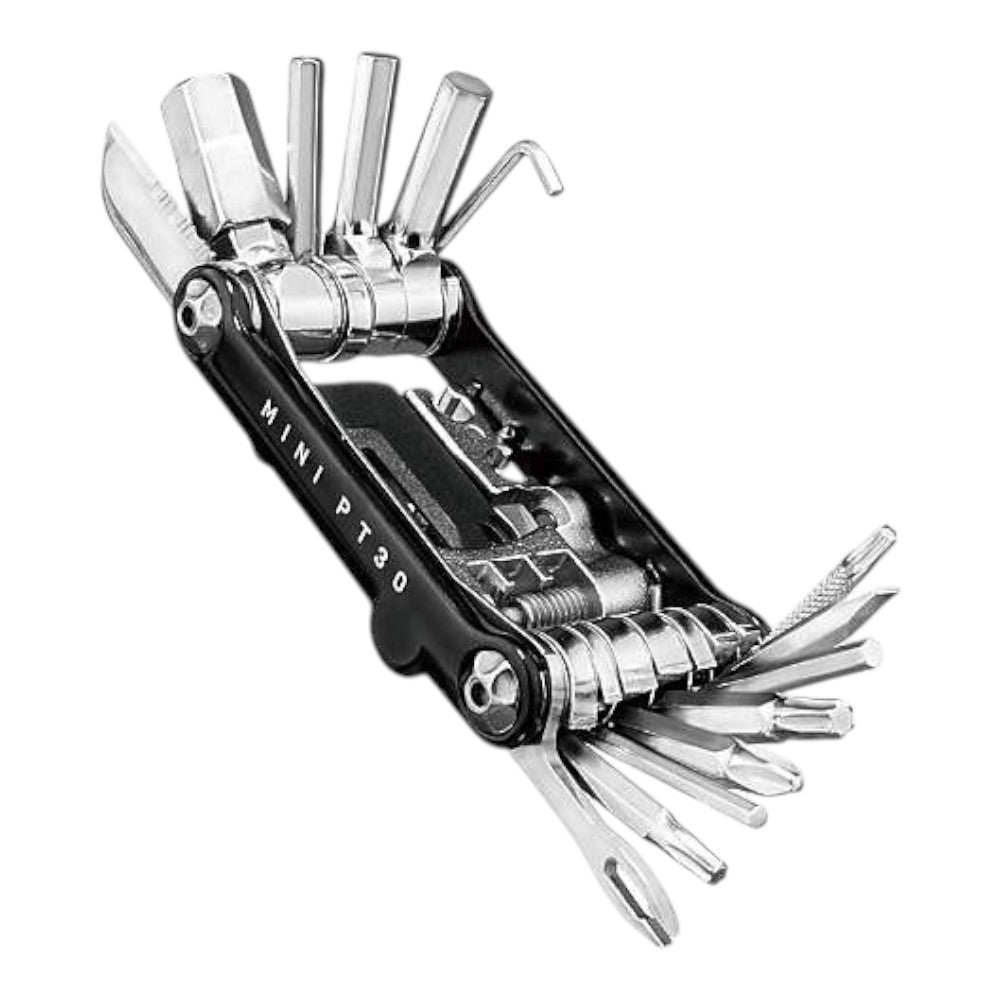 Charcoal-gray bike multi-tool with folded hex keys and bit holder