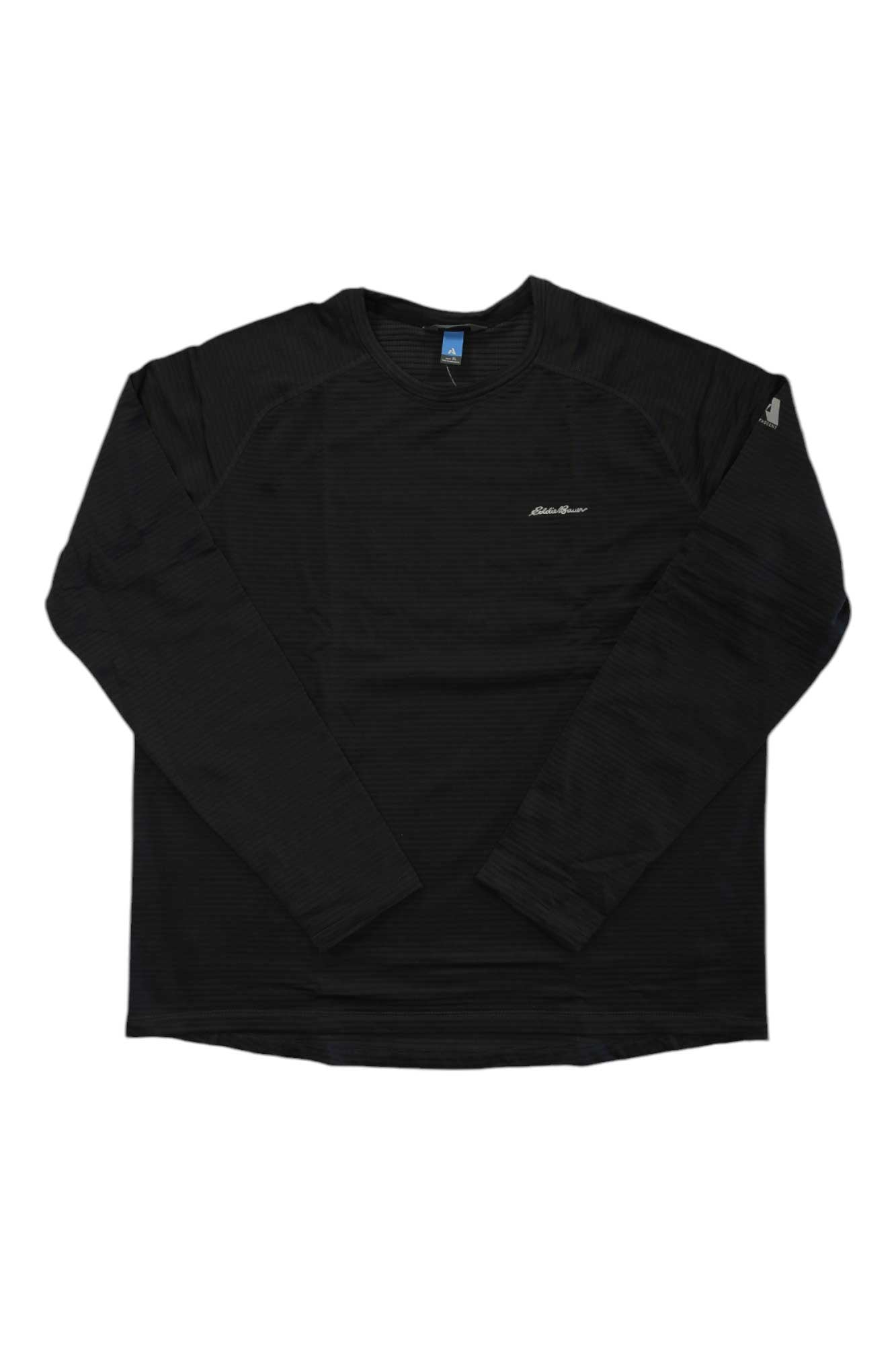 The Eddie Bauer First Ascent Men’s High Route Grid Air Crew is a black hiking shirt with moisture-wicking fabric, subtle textured lines, a crew neck, and small logos on the left chest and upper left sleeve. Shirt shown laid flat on white background.