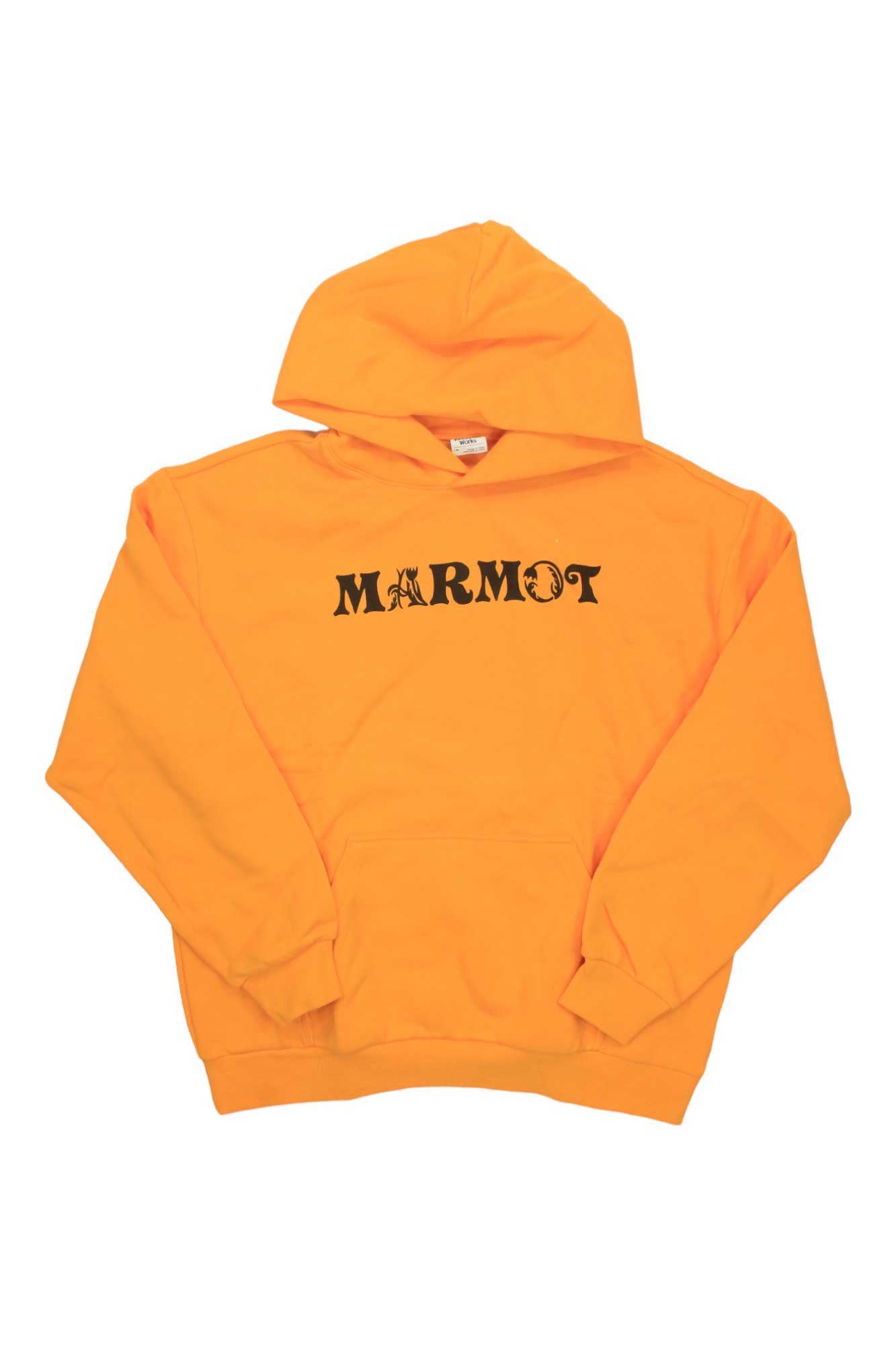 The Marmot Earth Day Heavyweight Hoody features bold black "MARMOT" lettering on bright orange, is made from soft cotton fleece, and includes long sleeves plus a roomy front pocket.