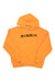 The Marmot Earth Day Heavyweight Hoody features bold black "MARMOT" lettering on bright orange, is made from soft cotton fleece, and includes long sleeves plus a roomy front pocket.