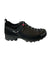 The Salewa Women's MTN Trainer 2 GTX Shoe is shown in black with gray laces, a sturdy Vibram outsole, and a small pink lace loop by the tongue, displayed in side profile against a white background.