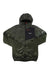 Men's hooded jacket, full zip, dark olive body with black center panel and logos