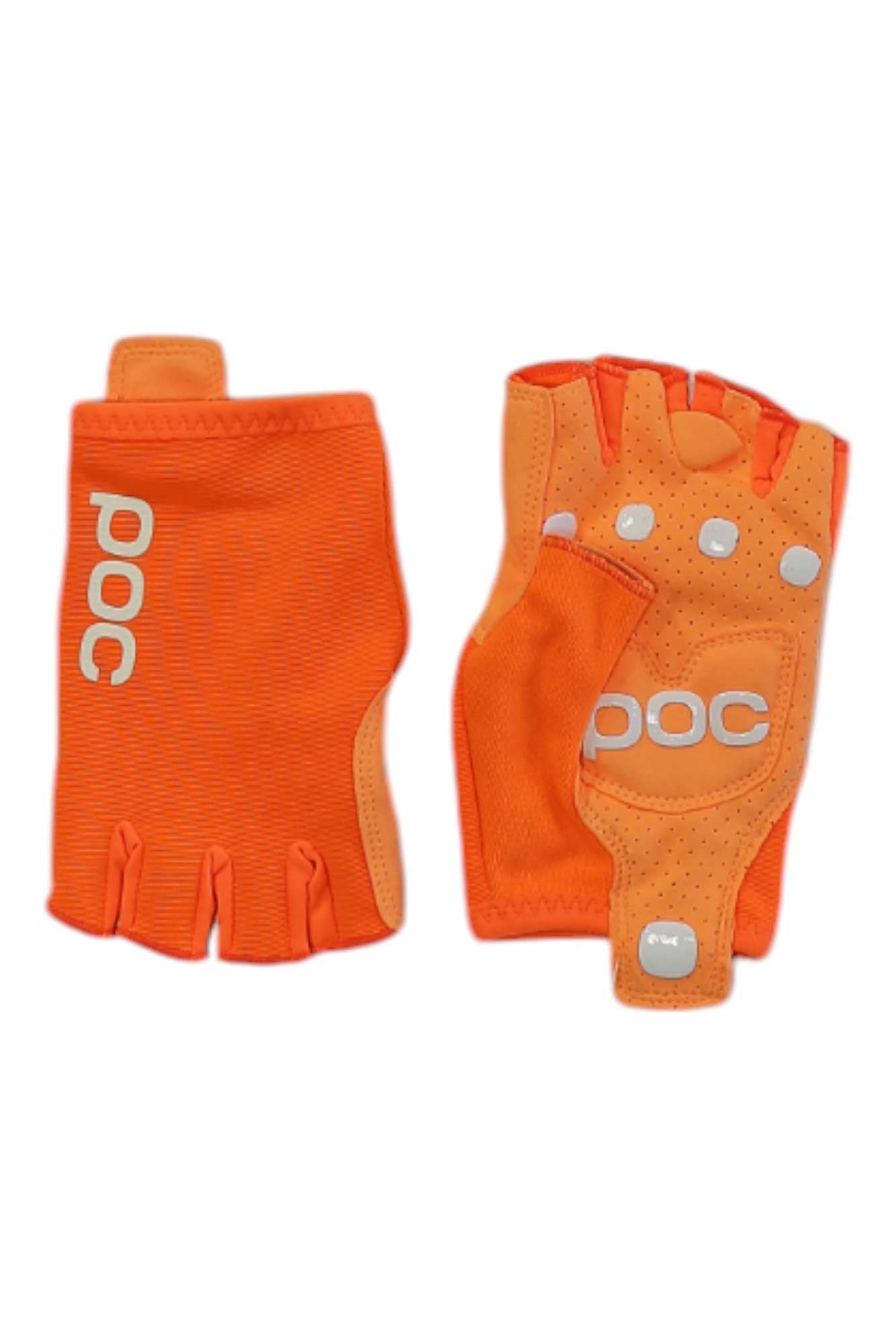 A pair of POC Sports AVIP Short Gloves in bright orange with white logos, shown palm and back. These breathable fingerless cycling gloves feature perforations and padded palms for comfort.