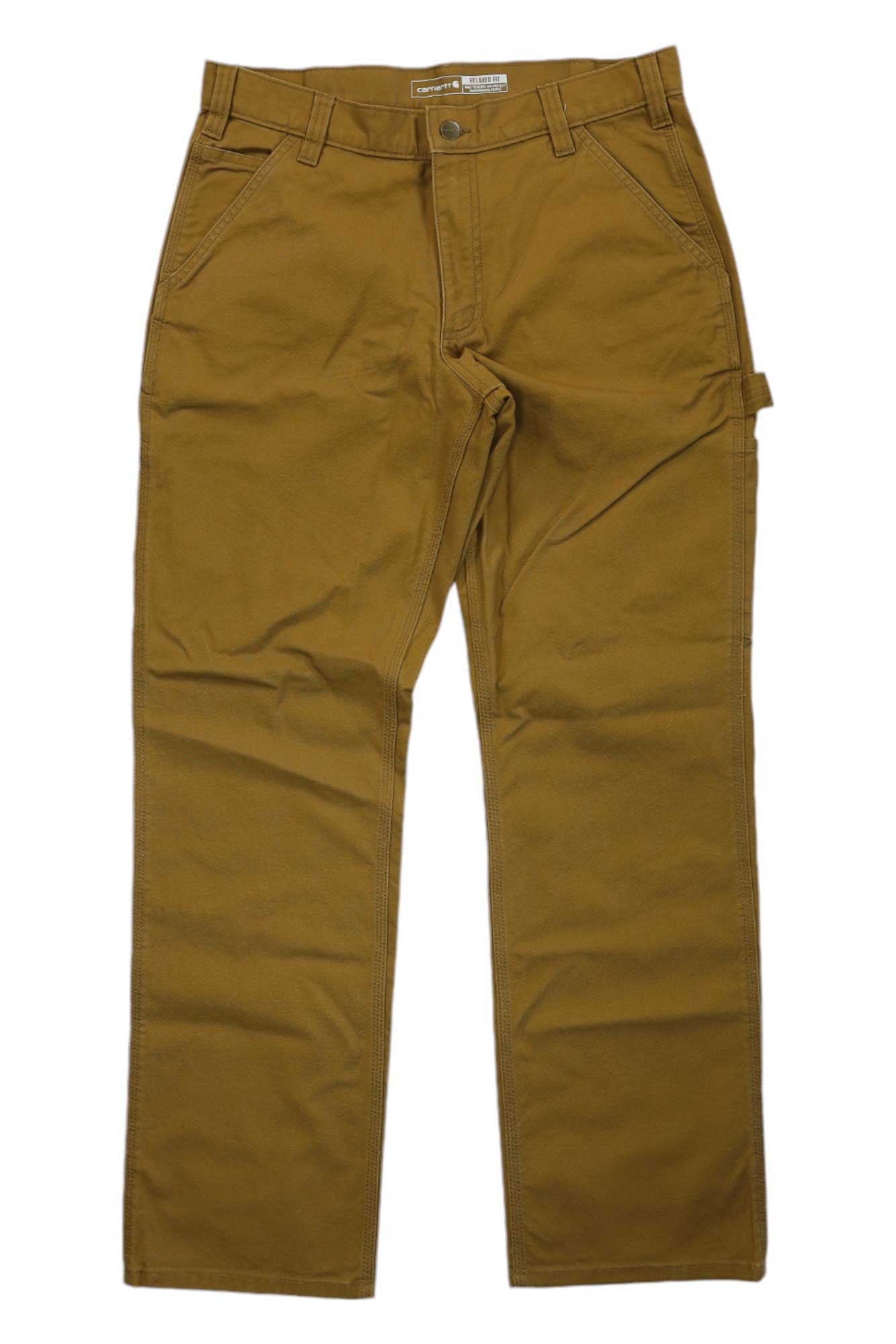 The Carhartt Mens Rugged Flex Relaxed Fit Duck Dungaree, featuring front pockets, belt loops, button closure, and side utility loop, is shown laid flat on a white background.