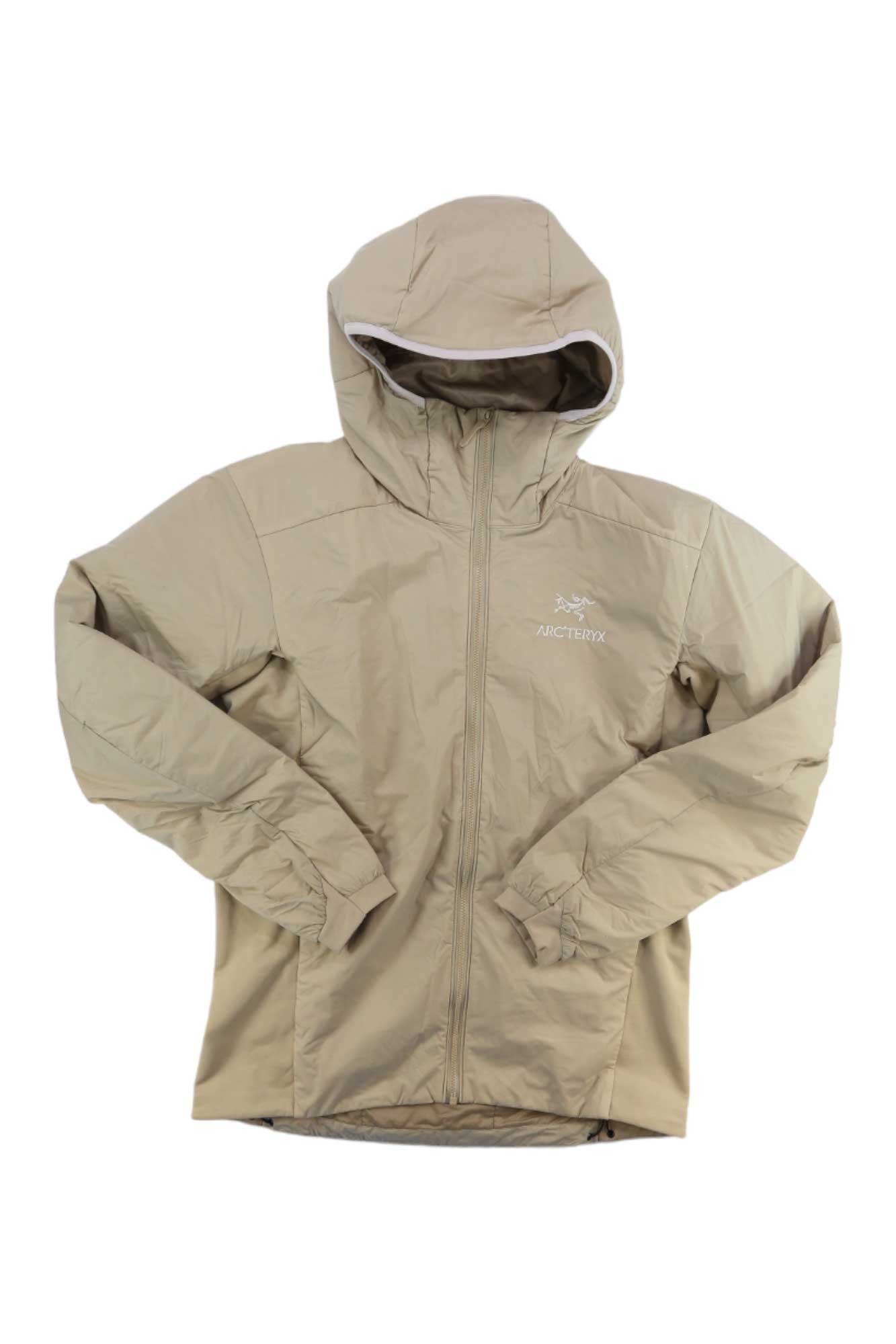 The Arc'teryx Mens Atom Hoody in beige, featuring a front zipper, two side pockets, and elastic cuffs with Coreloft Compact insulation as an insulated midlayer, is shown laid flat on a white background.