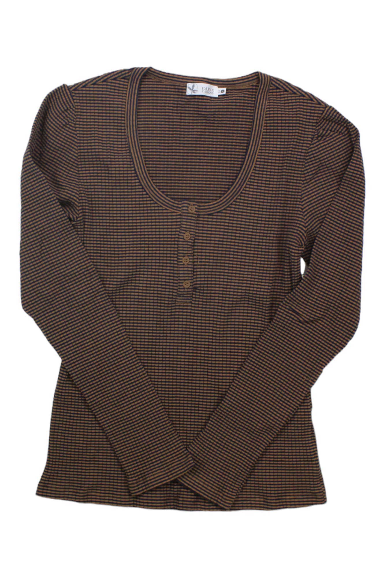 The Carve Designs Women's Emma Top is a long-sleeve, organic cotton henley with brown and black stripes, a scoop neckline, and button detail on the chest, shown laid flat on a white background.