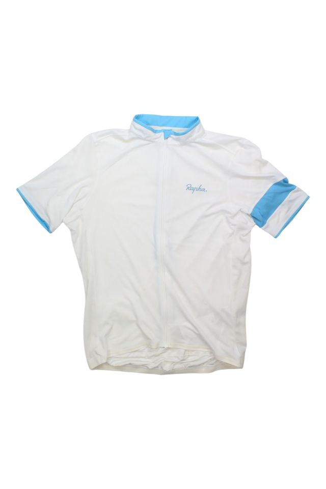 The Rapha Men's Super Lightweight Jersey is a white, short-sleeved cycling jersey featuring light blue accents on the collar and sleeve cuffs, plus a small Rapha logo on the left chest.