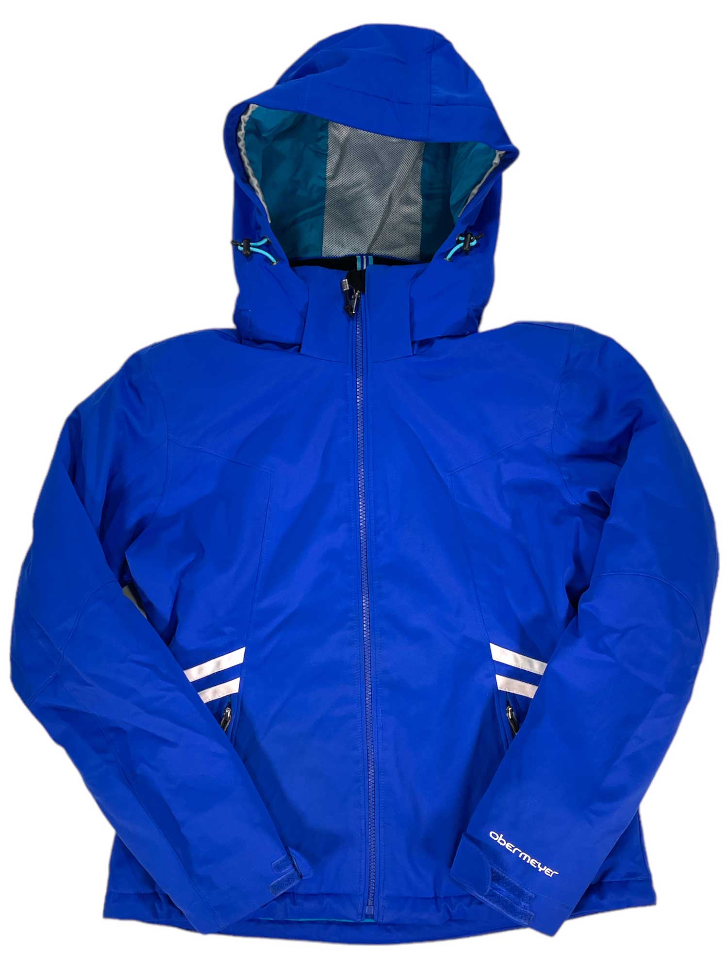 The Carlie Insulated Ski Jacket is bright blue with a front zipper, two zippered side pockets with white accents, HydroBlock fabric, and an Obermeyer logo on the left sleeve. The open hood displays a gray inner lining.