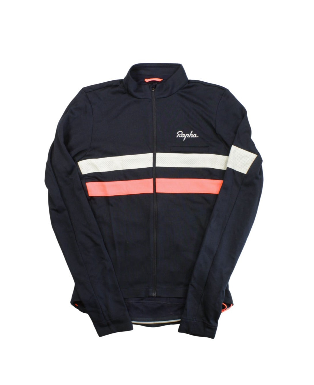 The Rapha Brevet Infinium Long Sleeve Jersey is a dark navy cycling essential with white and pink chest stripes, full front zipper, and Rapha logo—ideal for high-performance rides.