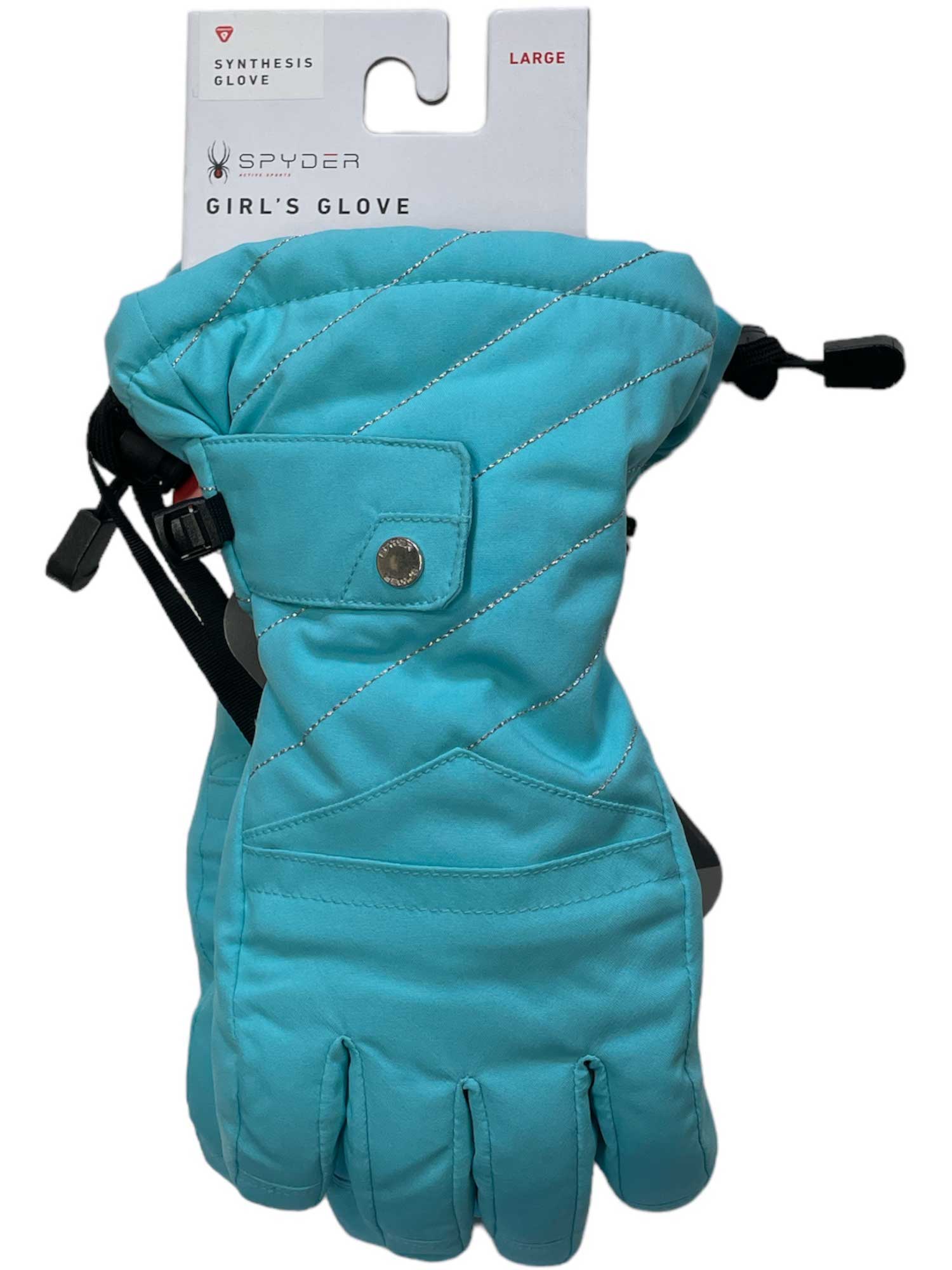The Spyder Girls Synthesis Ski Glove in turquoise, size Large, features quilted stitching, Primaloft insulation, a buttoned flap, and adjustable wrist strap for a cozy fit, and comes attached to packaging labeled "Spyder Girls Glove.