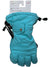 The Spyder Girls Synthesis Ski Glove in turquoise, size Large, features quilted stitching, Primaloft insulation, a buttoned flap, and adjustable wrist strap for a cozy fit, and comes attached to packaging labeled "Spyder Girls Glove.