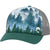 Trucker hat with white forest graphic, gray mesh back and green brim