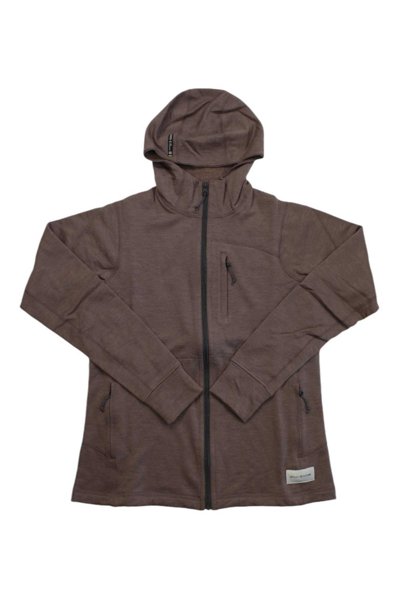 The Artilect Women's Eldorado 310 Merino Hoodie is a slim fit brown zip-up with a hood, two front pockets, and a chest pocket. It features a label on the lower left hem and is shown laid flat on a white background, perfect for multisport wear.