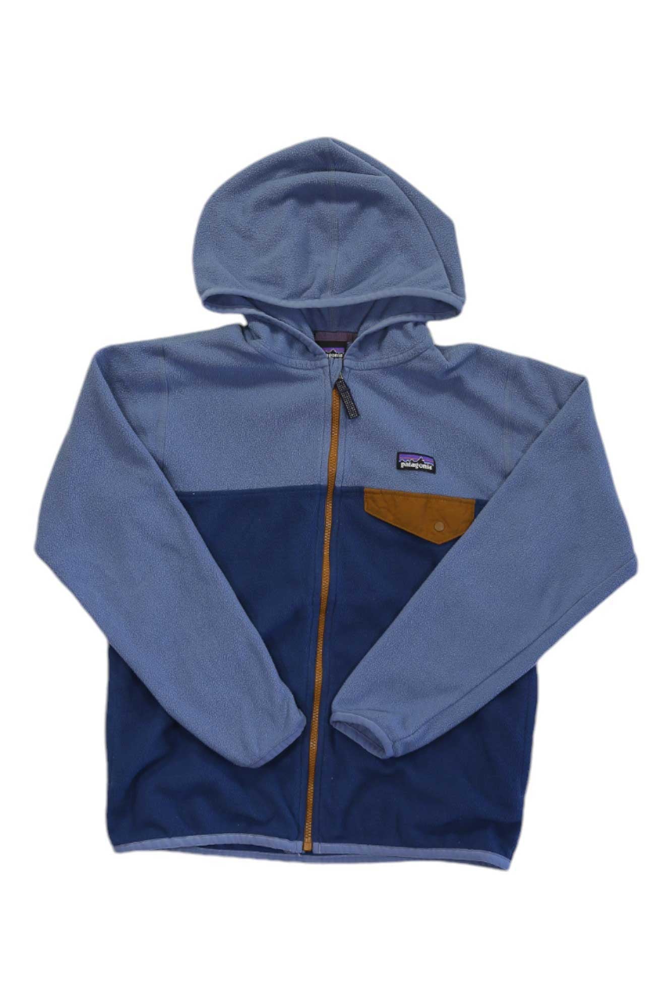 Kids fleece zip hoodie jacket, navy blue with orange-trim pocket