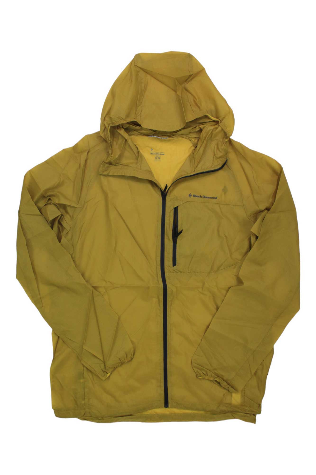The Black Diamond Men's Distance Wind Shell Jacket in yellow features a front zipper, zippered chest pocket, and long sleeves, shown laid flat on a white background.