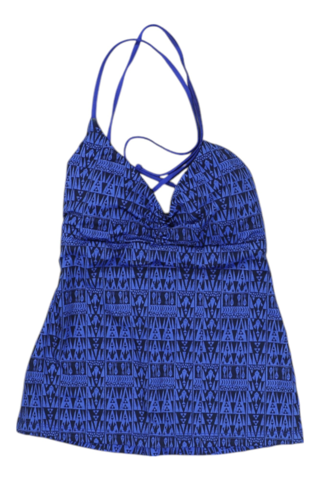 The Patagonia Women's Kupala Tankini features thin straps, a blue geometric black pattern, a gathered bust, and a slightly flared hem—ideal for water sports or as an addition to your swimwear collection.