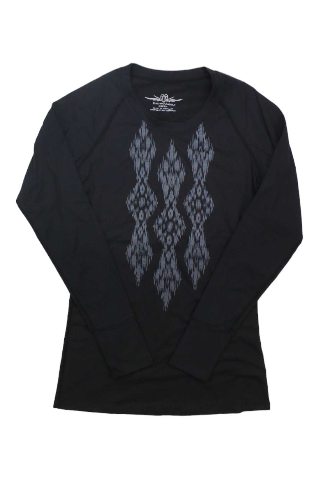 Black women's long-sleeve scoop top with gray ikat-style diamond graphic