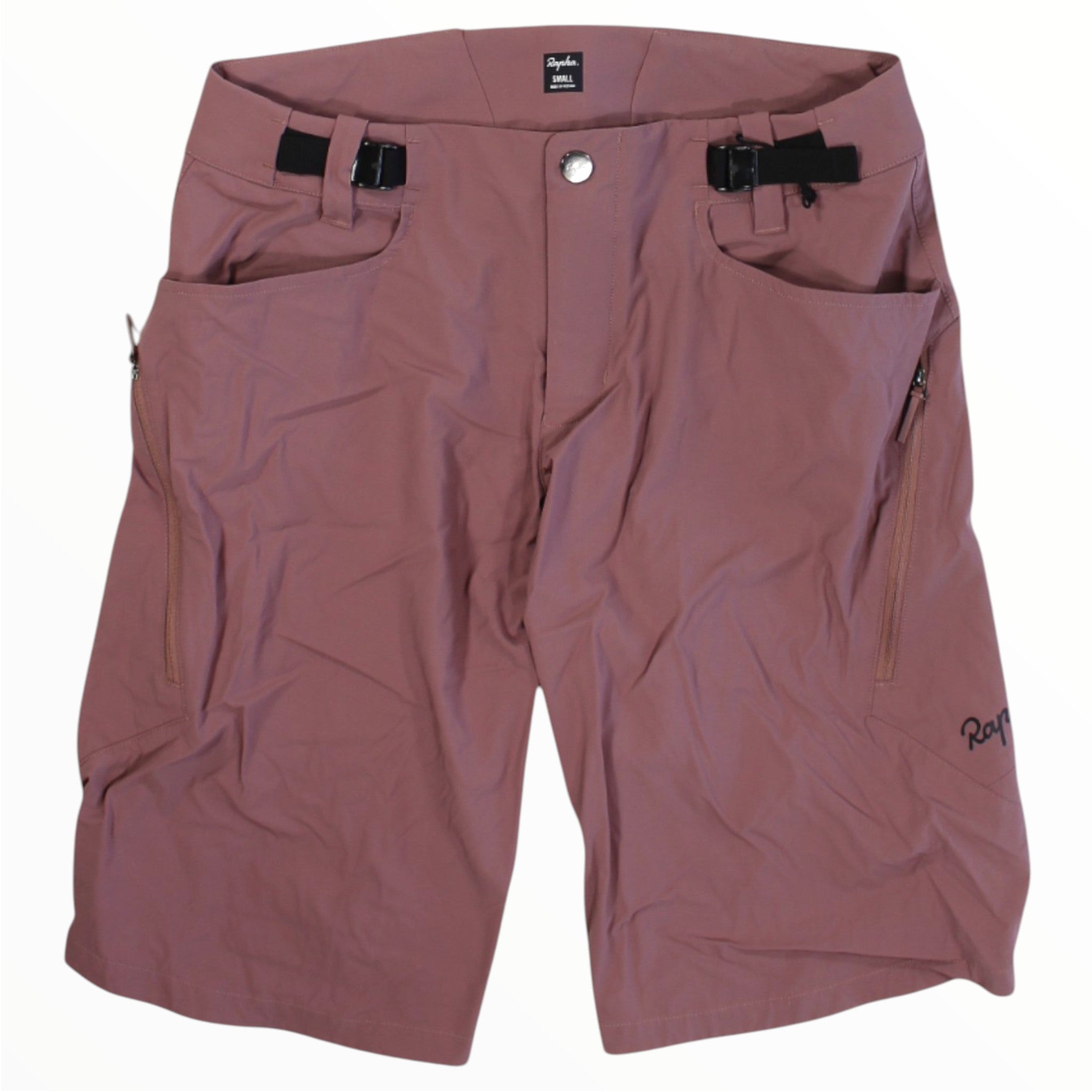 Men's trail shorts in dusty rose with adjustable waist tabs and side zip pockets