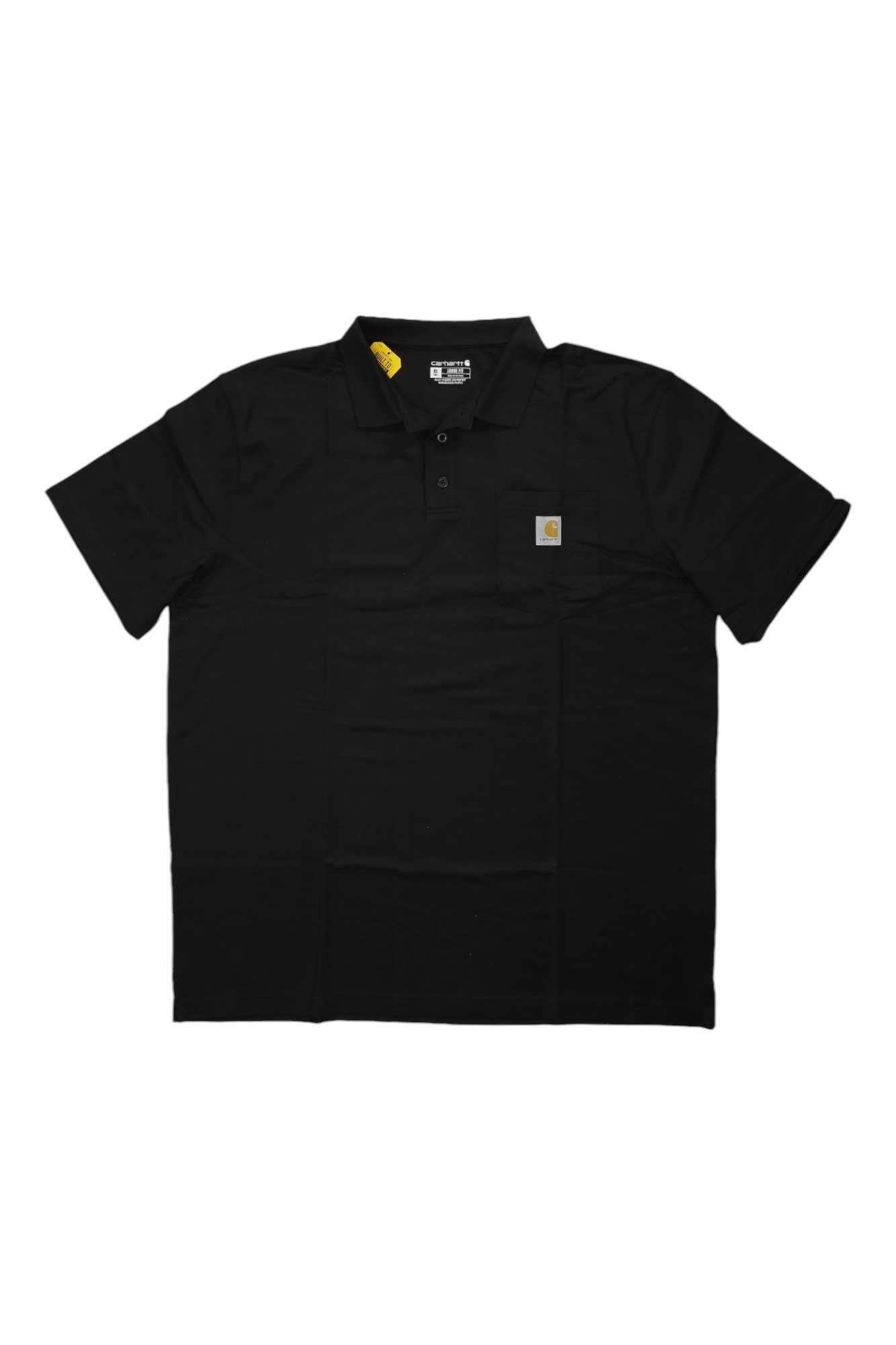 A plain black Carhartt Men’s Contractors Work Pocket Polo T-Shirt with a small rectangular logo patch on the left chest and a buttoned collar.