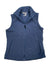 The Womens Core Fleece Vest by Columbia, shown in blue on a white background, features a high collar and two zippered front pockets—perfect for outdoor layering.