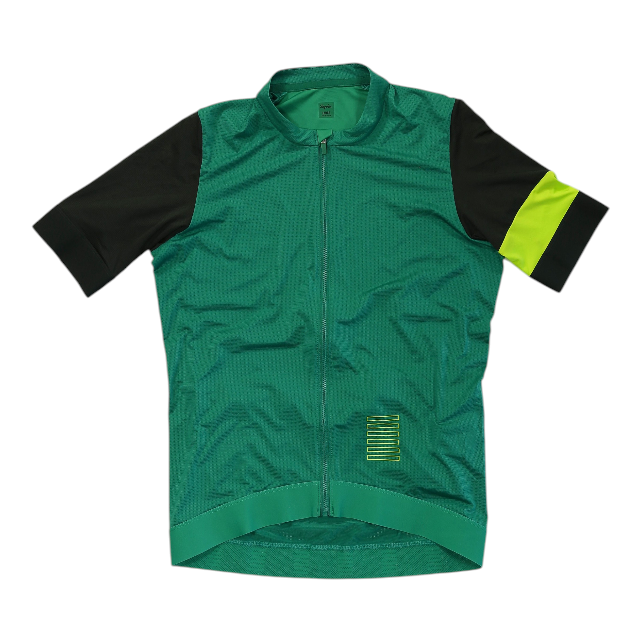 Green short-sleeve cycling jersey with full-zip front and black and neon sleeve accents