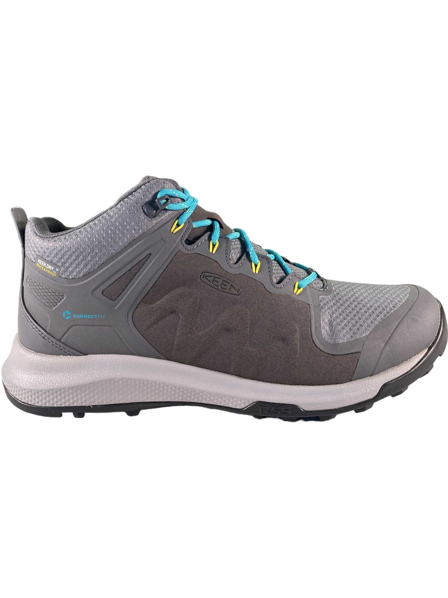 The Explore Waterproof Hiking Boots feature a gray and black design, blue laces, yellow eyelets, and a textured sole. Made with breathable mesh and synthetic materials, these waterproof boots display KEEN branding on the side and heel.