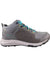 The Explore Waterproof Hiking Boots feature a gray and black design, blue laces, yellow eyelets, and a textured sole. Made with breathable mesh and synthetic materials, these waterproof boots display KEEN branding on the side and heel.